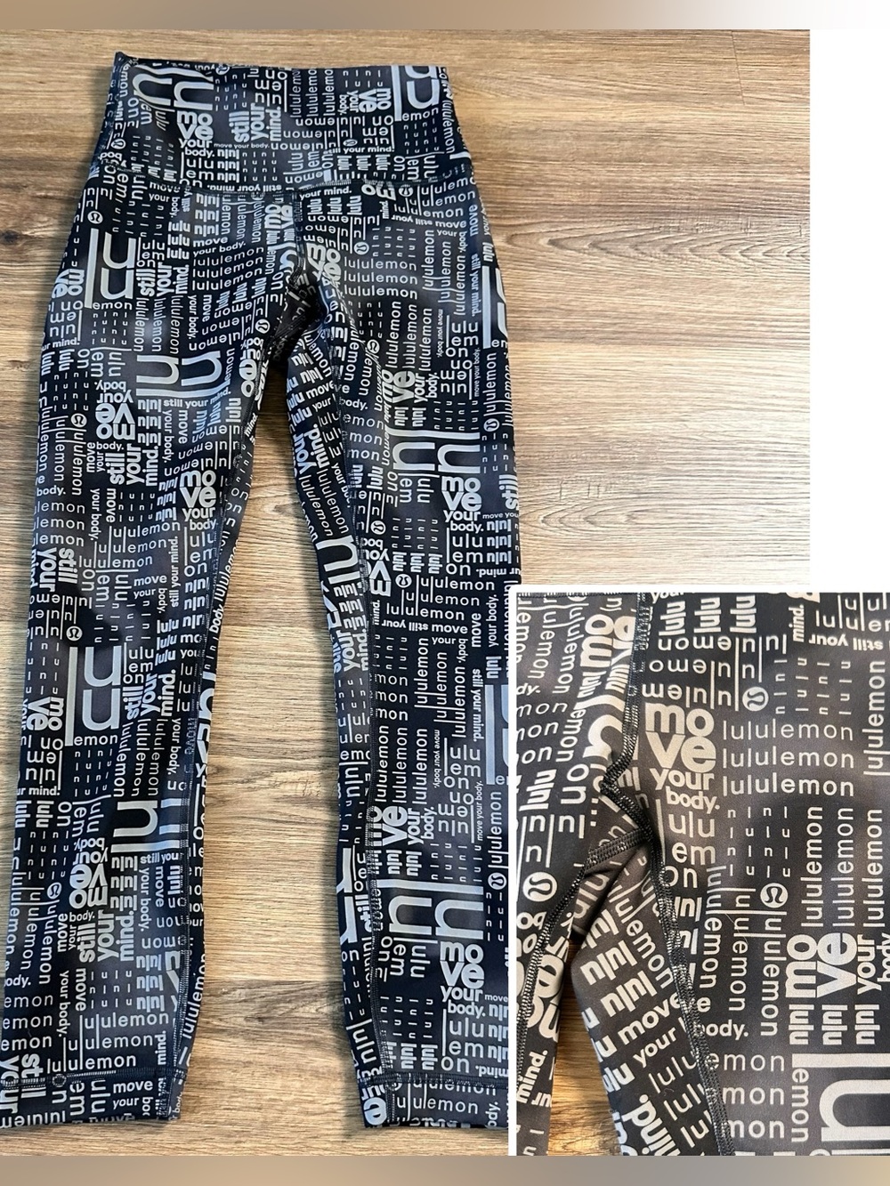 Lululemon Wunder Train HR Tight 23" Contour Fit Ombre Black Logo AOP Women 4 EUC